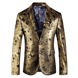 PYJTRL Luxurious Men Shiny Gold Jacket Two Buttons Slim Fit Blazer Costume Homme Stage Singers Suit Jacket