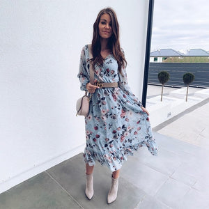 BEFORW 2020 Blue Long Sleeve Women Boho Dress Floral Print Chiffon Dresses Ruffles Female Summer Holiday Casual Dress Vestidos