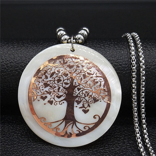 2020 Shell Stainless Steel Statement Necklace Women Tree of Life Rose Gold Color Long Necklace Jewelry bisuteria mujer N18415