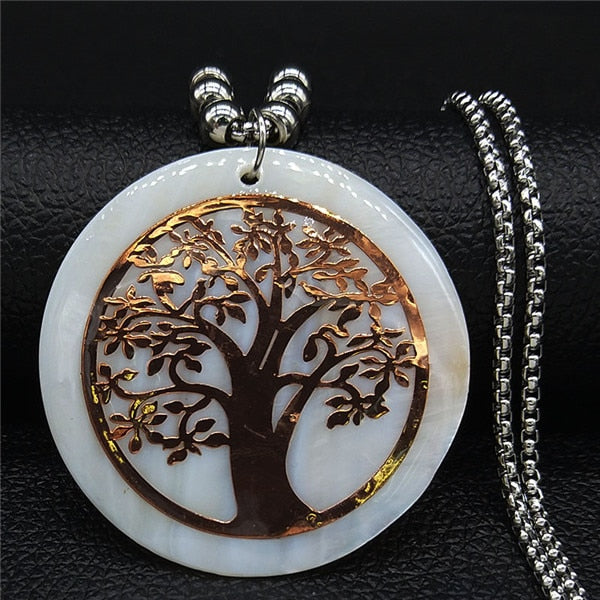 2020 Shell Stainless Steel Statement Necklace Women Tree of Life Rose Gold Color Long Necklace Jewelry bisuteria mujer N18415