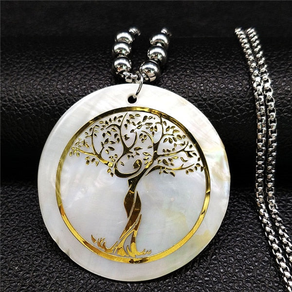 2020 Shell Stainless Steel Statement Necklace Women Tree of Life Rose Gold Color Long Necklace Jewelry bisuteria mujer N18415