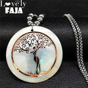 2020 Shell Stainless Steel Statement Necklace Women Tree of Life Rose Gold Color Long Necklace Jewelry bisuteria mujer N18415