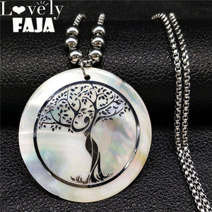2020 Shell Stainless Steel Statement Necklace Women Tree of Life Rose Gold Color Long Necklace Jewelry bisuteria mujer N18415