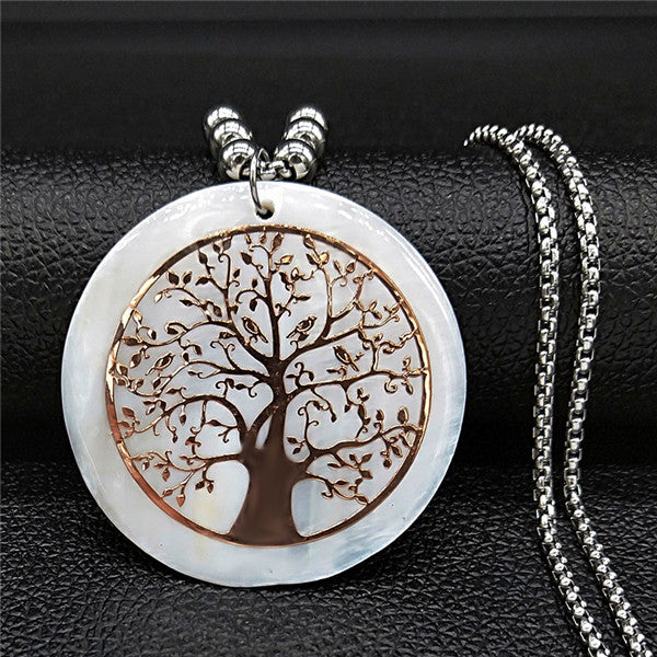 2020 Shell Stainless Steel Statement Necklace Women Tree of Life Rose Gold Color Long Necklace Jewelry bisuteria mujer N18415