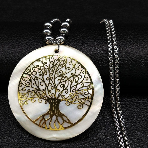 2020 Shell Stainless Steel Statement Necklace Women Tree of Life Rose Gold Color Long Necklace Jewelry bisuteria mujer N18415