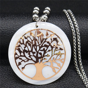 2020 Shell Stainless Steel Statement Necklace Women Tree of Life Rose Gold Color Long Necklace Jewelry bisuteria mujer N18415