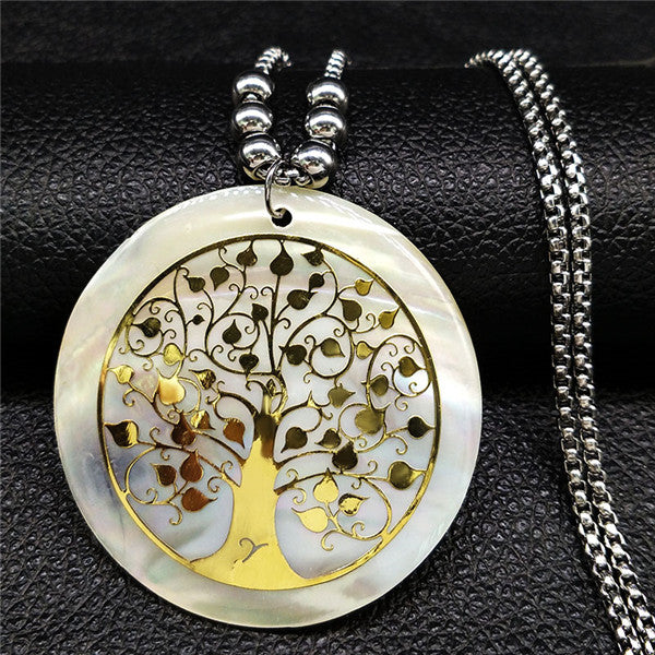 2020 Shell Stainless Steel Statement Necklace Women Tree of Life Rose Gold Color Long Necklace Jewelry bisuteria mujer N18415