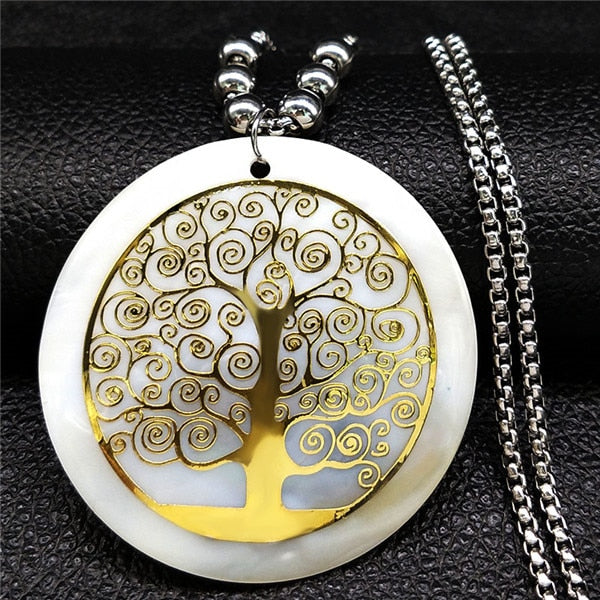 2020 Shell Stainless Steel Statement Necklace Women Tree of Life Rose Gold Color Long Necklace Jewelry bisuteria mujer N18415