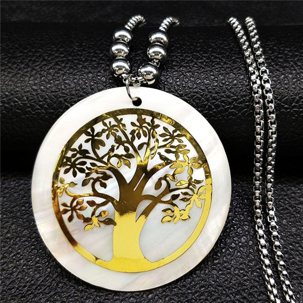 2020 Shell Stainless Steel Statement Necklace Women Tree of Life Rose Gold Color Long Necklace Jewelry bisuteria mujer N18415