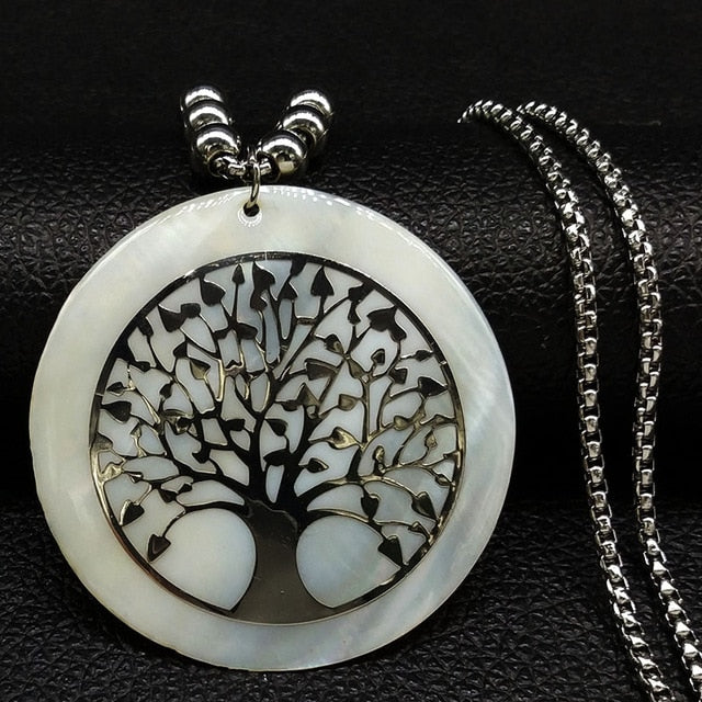 2020 Shell Stainless Steel Statement Necklace Women Tree of Life Rose Gold Color Long Necklace Jewelry bisuteria mujer N18415