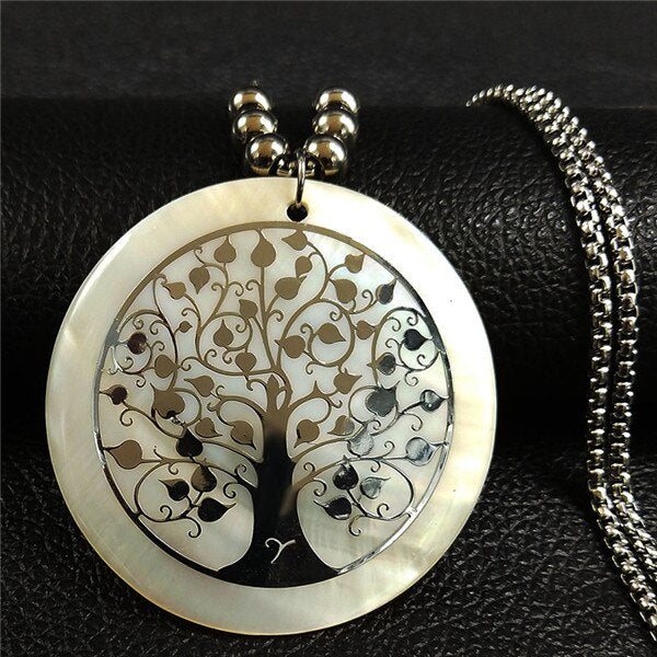2020 Shell Stainless Steel Statement Necklace Women Tree of Life Rose Gold Color Long Necklace Jewelry bisuteria mujer N18415