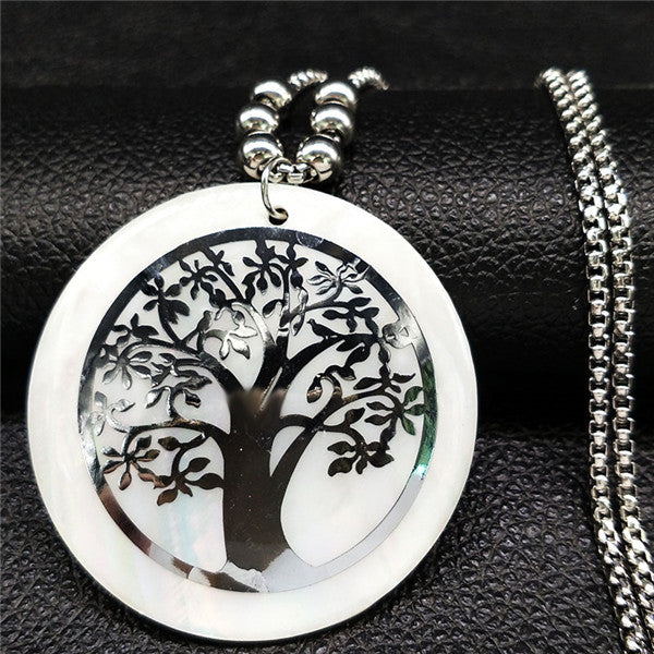 2020 Shell Stainless Steel Statement Necklace Women Tree of Life Rose Gold Color Long Necklace Jewelry bisuteria mujer N18415
