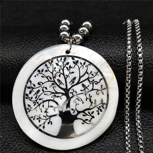 2020 Shell Stainless Steel Statement Necklace Women Tree of Life Rose Gold Color Long Necklace Jewelry bisuteria mujer N18415