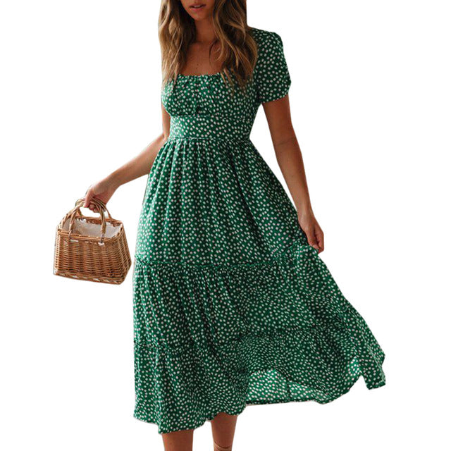 VICABO Women Dress Long Boho Printed Puff Short Sleeve Vintage Casual Beach Party Dress Ladies Summer Dresses 2020