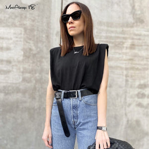 Mnealways18 Casual Loose Tank Tops White Summer Sleeveless Top Women Shoulder Pad Female T-Shirt Black Basic Knitwear Top 2020