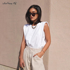 Mnealways18 Casual Loose Tank Tops White Summer Sleeveless Top Women Shoulder Pad Female T-Shirt Black Basic Knitwear Top 2020