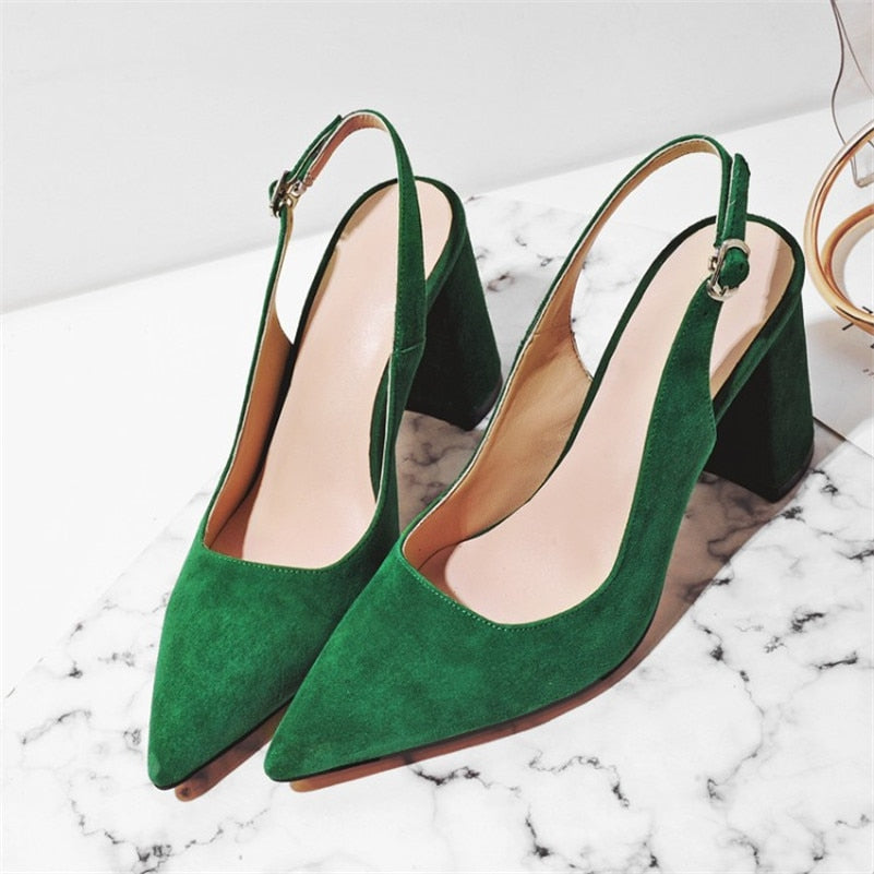 Meotina High Heels Women Pumps Kid Suede Square High Heel Slingbacks Shoes Real Leather Buckle Pointed Toe Shoes Lady Size 34-42
