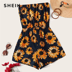 SHEIN Sunflower Print Tube Romper Boho Strapless Floral Wide Leg Playsuit 2019 Black Summer Sleeveless Women Clothing Romper