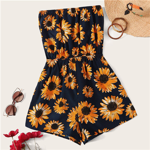 SHEIN Sunflower Print Tube Romper Boho Strapless Floral Wide Leg Playsuit 2019 Black Summer Sleeveless Women Clothing Romper