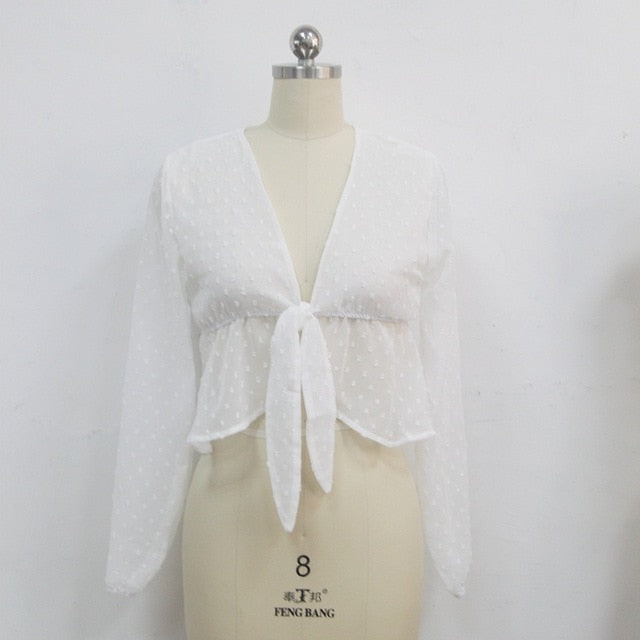 Blouse Women Sexy Transparent White Shirt Pullover Polka Dot Deep V-neck Detachable Bow Ruffles Lantern Sleeve Crop Tops T89391