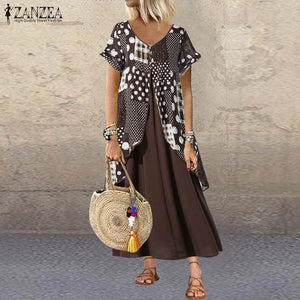 Casual Long Maxi Sundress ZANZEA Summer Short Sleeve Party Vestido Women Vintage Printed Patchwork Shirt Dress Female Tunic Robe