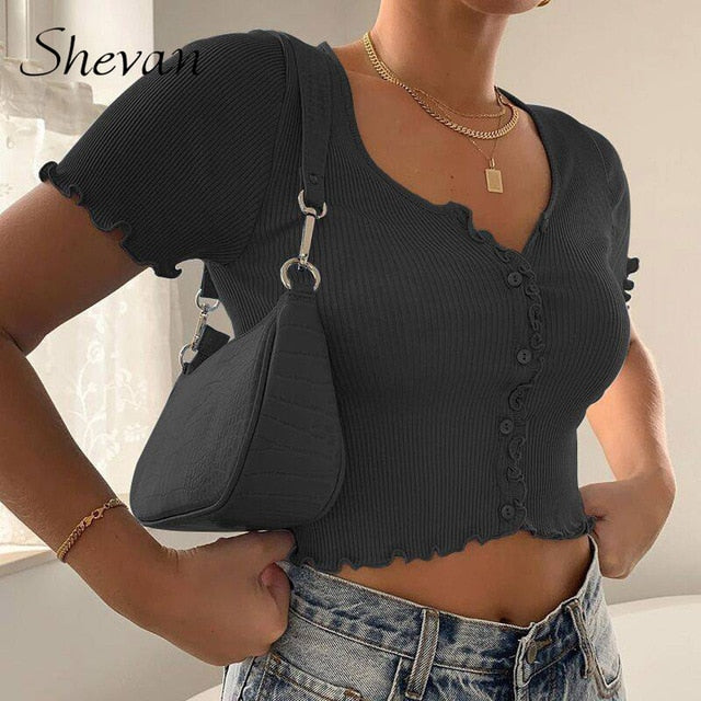 Shevan Sexy Tank Tops Women Button Knitted Short Sleeve Korean Style Ribbed Green White Blue Summer Crop Tops