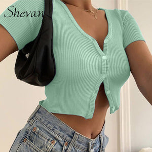 Shevan Sexy Tank Tops Women Button Knitted Short Sleeve Korean Style Ribbed Green White Blue Summer Crop Tops