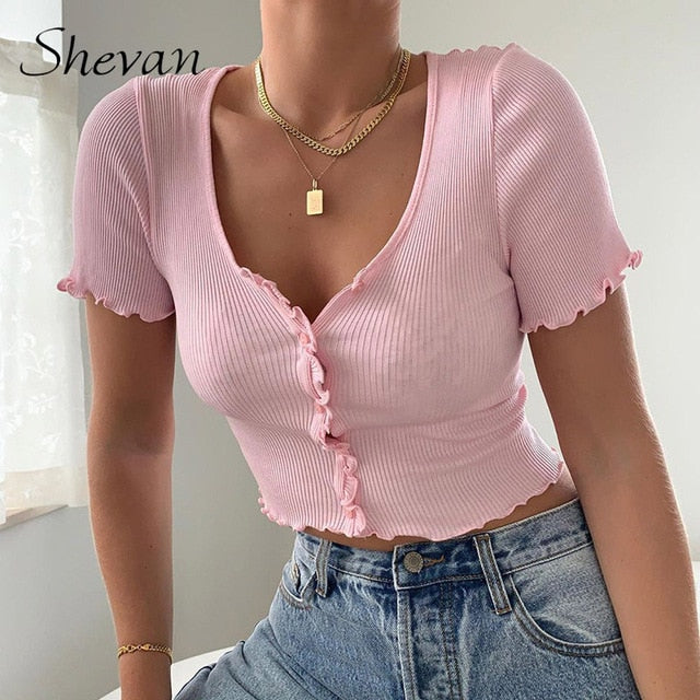Shevan Sexy Tank Tops Women Button Knitted Short Sleeve Korean Style Ribbed Green White Blue Summer Crop Tops