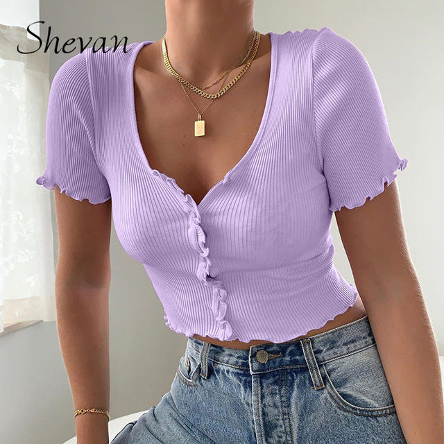 Shevan Sexy Tank Tops Women Button Knitted Short Sleeve Korean Style Ribbed Green White Blue Summer Crop Tops