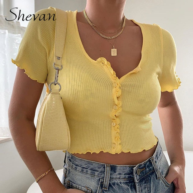 Shevan Sexy Tank Tops Women Button Knitted Short Sleeve Korean Style Ribbed Green White Blue Summer Crop Tops