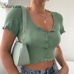 Shevan Sexy Tank Tops Women Button Knitted Short Sleeve Korean Style Ribbed Green White Blue Summer Crop Tops