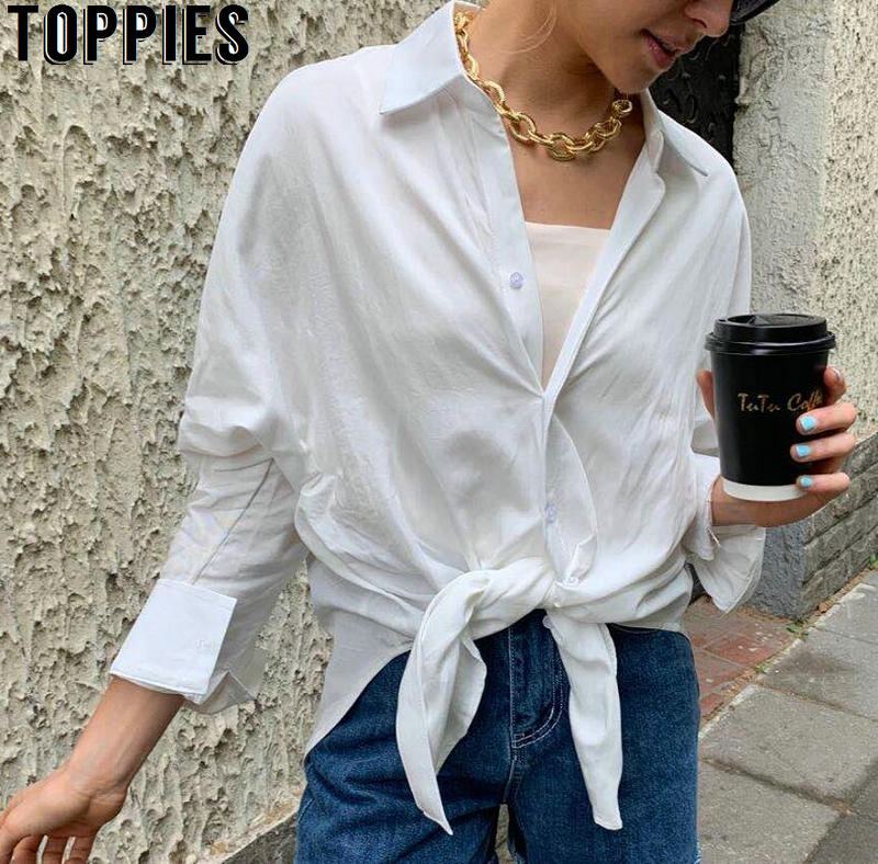 Toppies white cotton linen tops blouses korean long sleeve khaki shirts drawstring waist oversized tops 2020