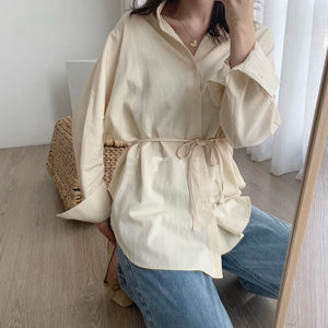Toppies white cotton linen tops blouses korean long sleeve khaki shirts drawstring waist oversized tops 2020