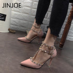 Sexy Hasp Rivet heels Female leather high-heeled pumps Stiletto heel 9 cm Pointed Toe Hollow Ventilation Shoes woman Rivet shoes