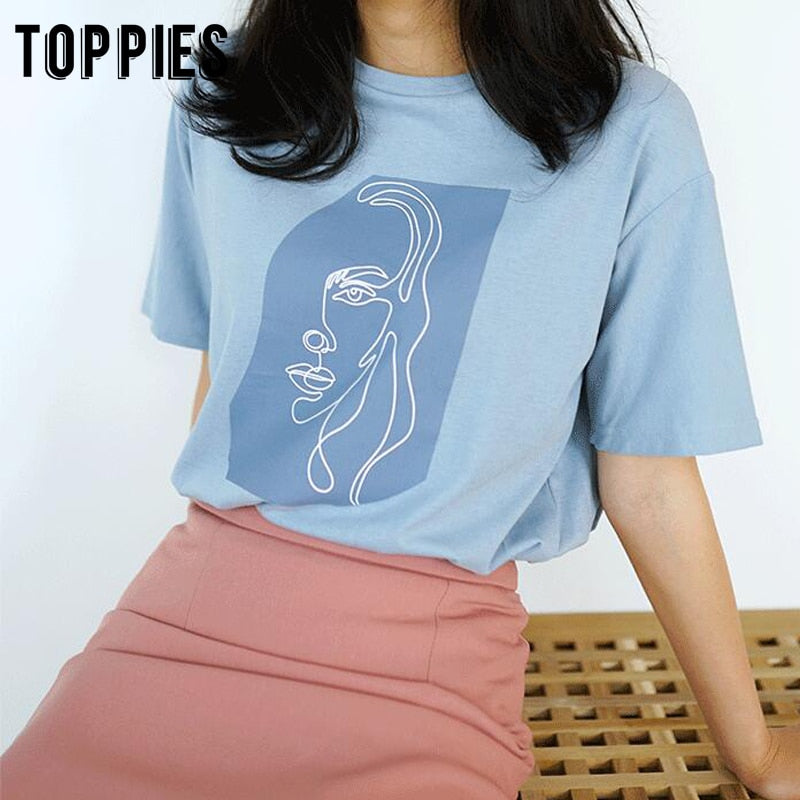 Toppies Abstract T-shirts Character Printing Women Tops Solid Color Summer white Cotton Tops Tees harajuku clothing