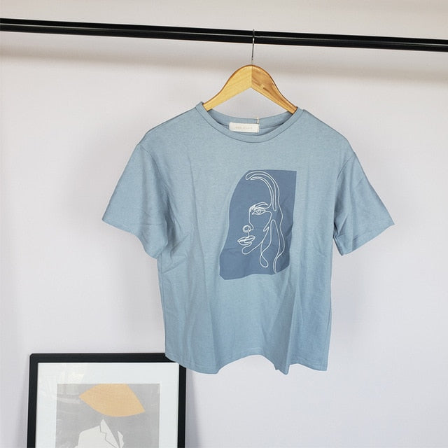 Toppies Abstract T-shirts Character Printing Women Tops Solid Color Summer white Cotton Tops Tees harajuku clothing