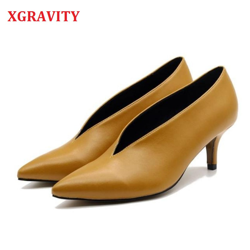 XGRAVITY 2020 Pop Star Pointed Toe Girl Thin Heel Woman Shoes Deep V Design Lady Fashion Shoes Elegant European Women Shoes C264