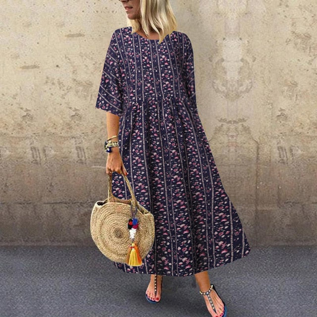 ZANZEA 2020 Fashion Printed Maxi Dress Womens Summer Sundress Vintage 3/4 Sleeve Long Vestidos Female Casual Party Robe Femme