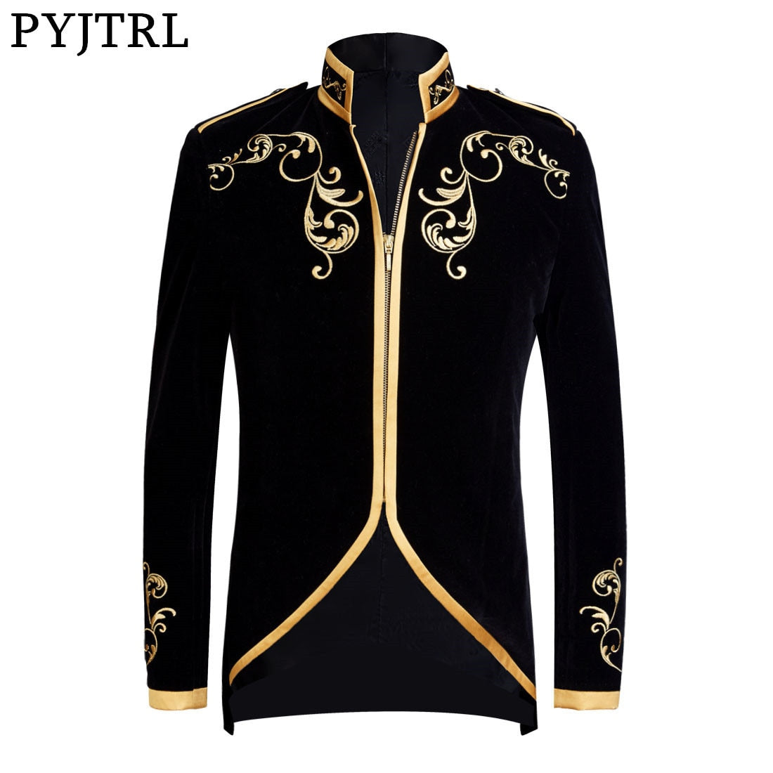 PYJTRL British Style Palace Prince Fashion Black Velvet Gold Embroidery Blazer Wedding Groom Slim Fit Suit Jacket Singers Coat