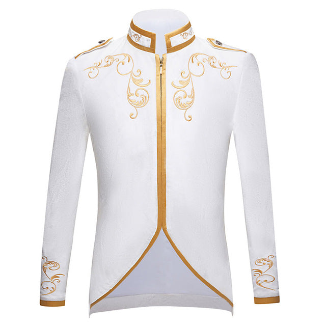 PYJTRL British Style Palace Prince Fashion Black Velvet Gold Embroidery Blazer Wedding Groom Slim Fit Suit Jacket Singers Coat