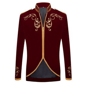 PYJTRL British Style Palace Prince Fashion Black Velvet Gold Embroidery Blazer Wedding Groom Slim Fit Suit Jacket Singers Coat