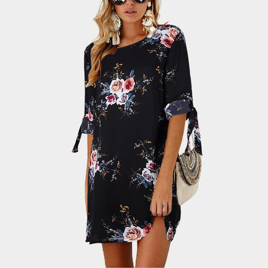 Jocoo Jolee Women Boho Style Floral Print Chiffon Dress Summer Beach Dresses Loose Mini Party Dress Tunic Sundress Plus Size 5XL