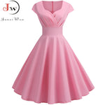 Pink Summer Dress Women 2019 V Neck Big Swing Vintage Dress Robe Femme Elegant Retro pin up Party Office Midi Dresses Plus Size