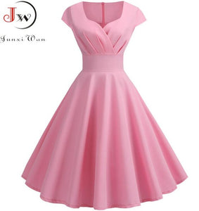 Pink Summer Dress Women 2019 V Neck Big Swing Vintage Dress Robe Femme Elegant Retro pin up Party Office Midi Dresses Plus Size