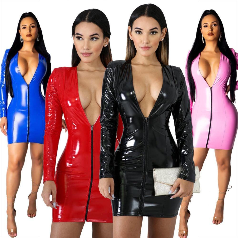 JRRY Women PU Leather Dresses Zippers Faux PU Leather Dress High Elasticity Sheath Dress Deep V Neck Faux Leather Short Dress