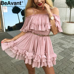 BeAvant Off shoulder strap chiffon summer dresses Women ruffle pleated short dress pink Elegant holiday loose beach mini dress
