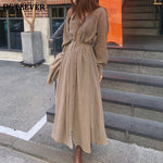 BGTEEVER V-neck Single-breasted Female Long Dress 2020 Spring Elegant Long Sleeve Belted Women Dress Straight Loose Vestidos