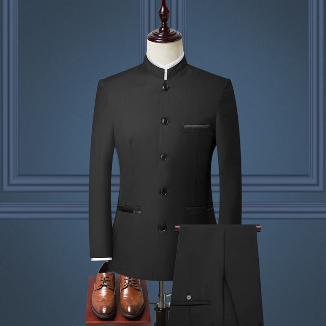 3 piece Men Suit Chinese Style Stand Collar Suit Male Wedding Groom Slim Fit Plus Size 4XL Blazer Set Tuxedo(Jacket+Pant+Vest)
