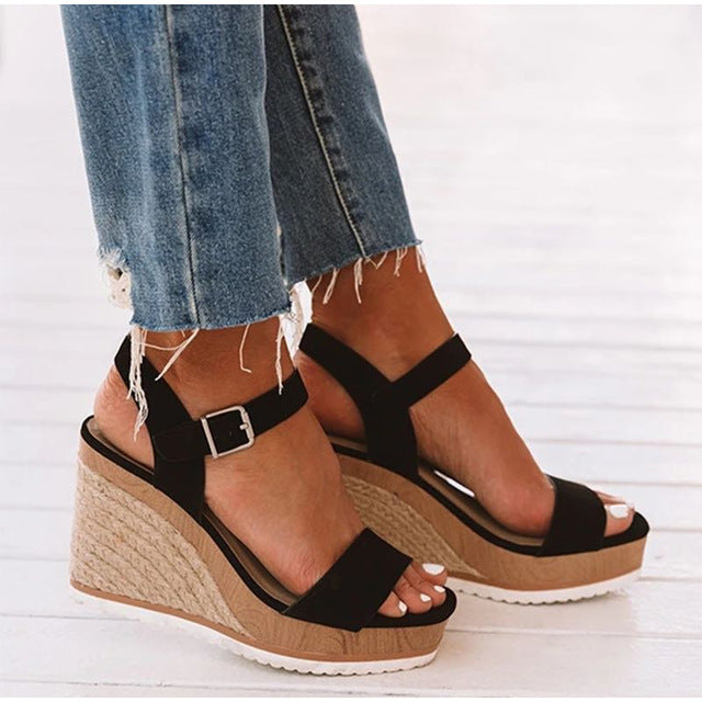 Summer Women Wedges Sandals Elastic Band Peep Toe Woman Shoes Cross Platform Hemp Bottom Ladies Sandals Female Plus Size 2020