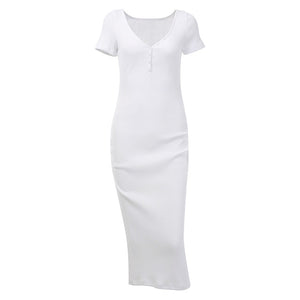 WannaThis Ankle-Length Knitted Dress Sexy Short Sleeve Summer Casual Stretchy Elastic Elegant V-Neck Women Solid Dresses Bodycon
